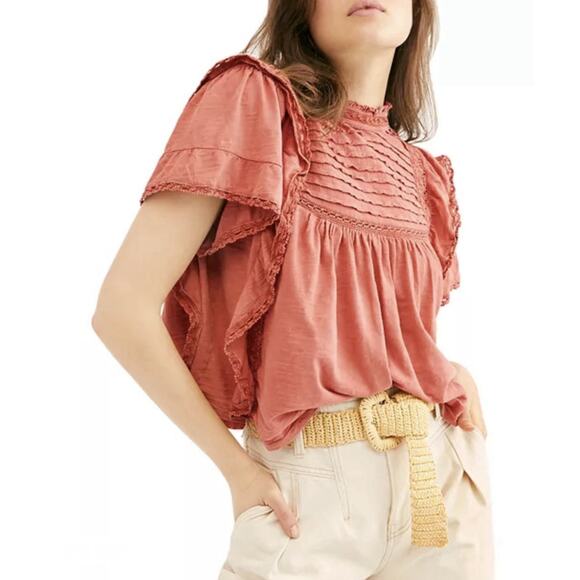 Free People Tops - Free People Le Femme Ruffled Crochet Top Coral Pink Beachy Victorian Boho Small